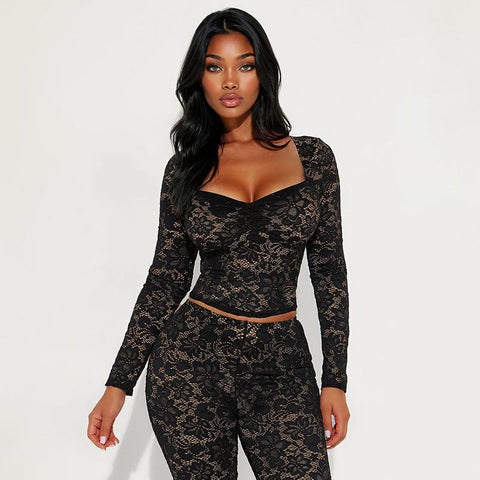 Lace See-Through Long-Sleeved Top + Hip-Lifting Leggings